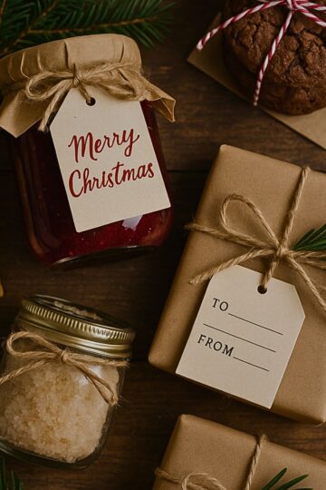 Rustic flatlay of homemade Christmas gifts on a wooden table, including a jar of jam with a “Merry Christmas” tag, wrapped presents tied with twine, a small beeswax candle, sugar scrub in a mason jar, and evergreen sprigs.