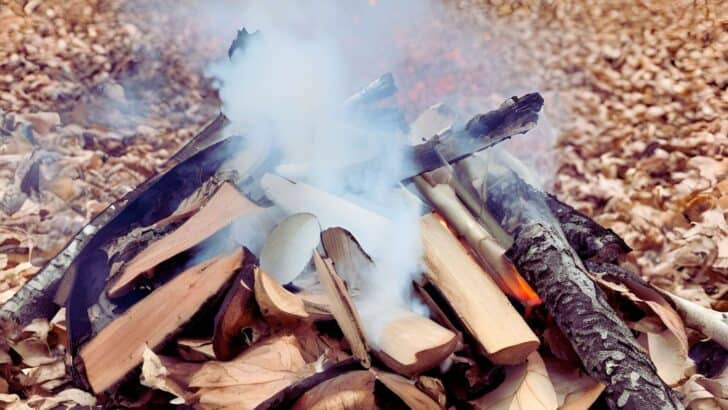 a small pile of wood and leaves for a signal fire with smoke rising 
