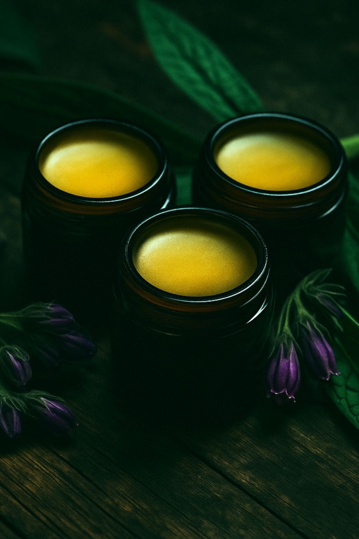 Three amber jars filled with comfrey salve on a dark wooden surface, surrounded by fresh comfrey leaves and purple blossoms in moody, earthy lighting.