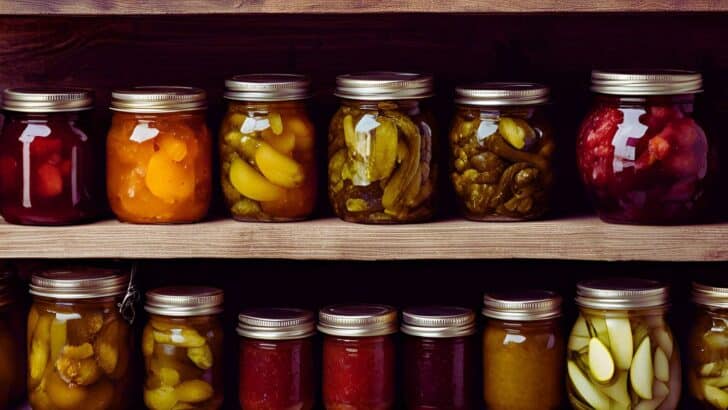 Canned goods organized in a rustic pantry for frugal homestead living