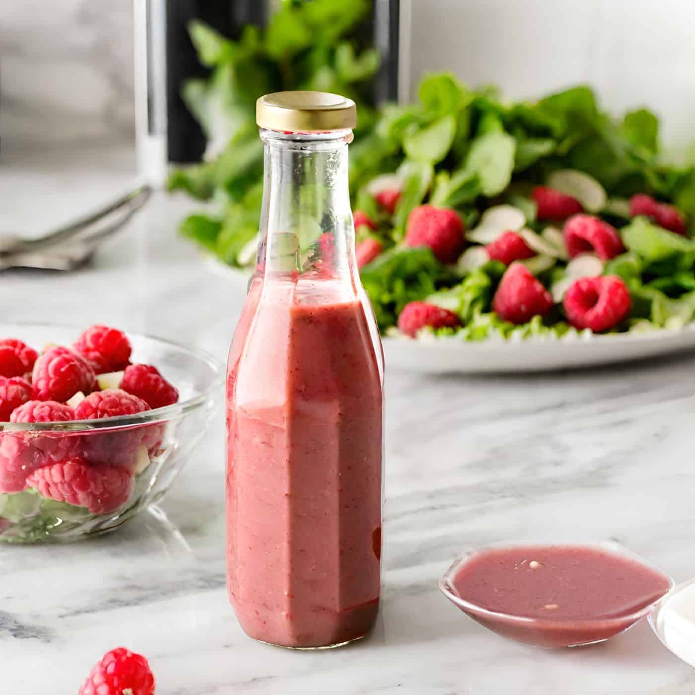Bottle of raspberry vinaigrette on a counter with a small dish full of the dressing to the side and fresh raspberries and greens in the background