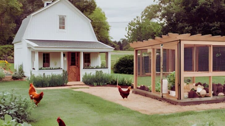 a quaint farmhouse, a garden, and a chicken coop.