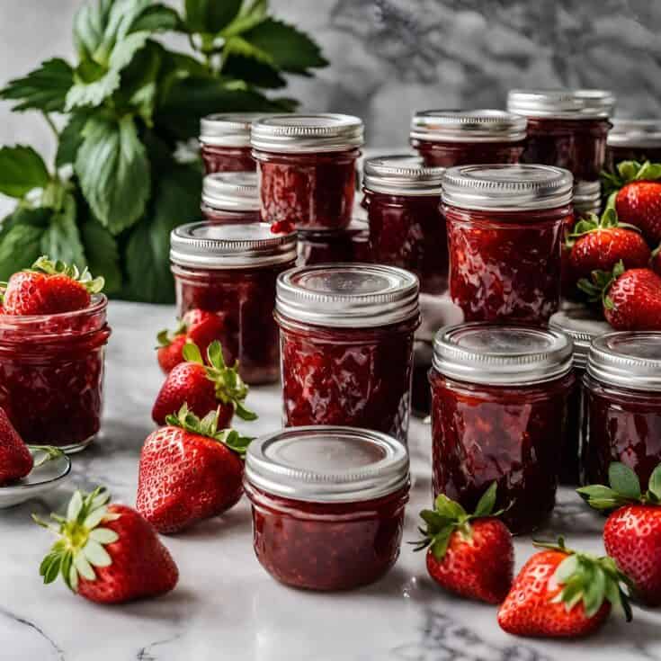 Jars of low sugar strawberry jam on a counter surrounded by fresh strawberries