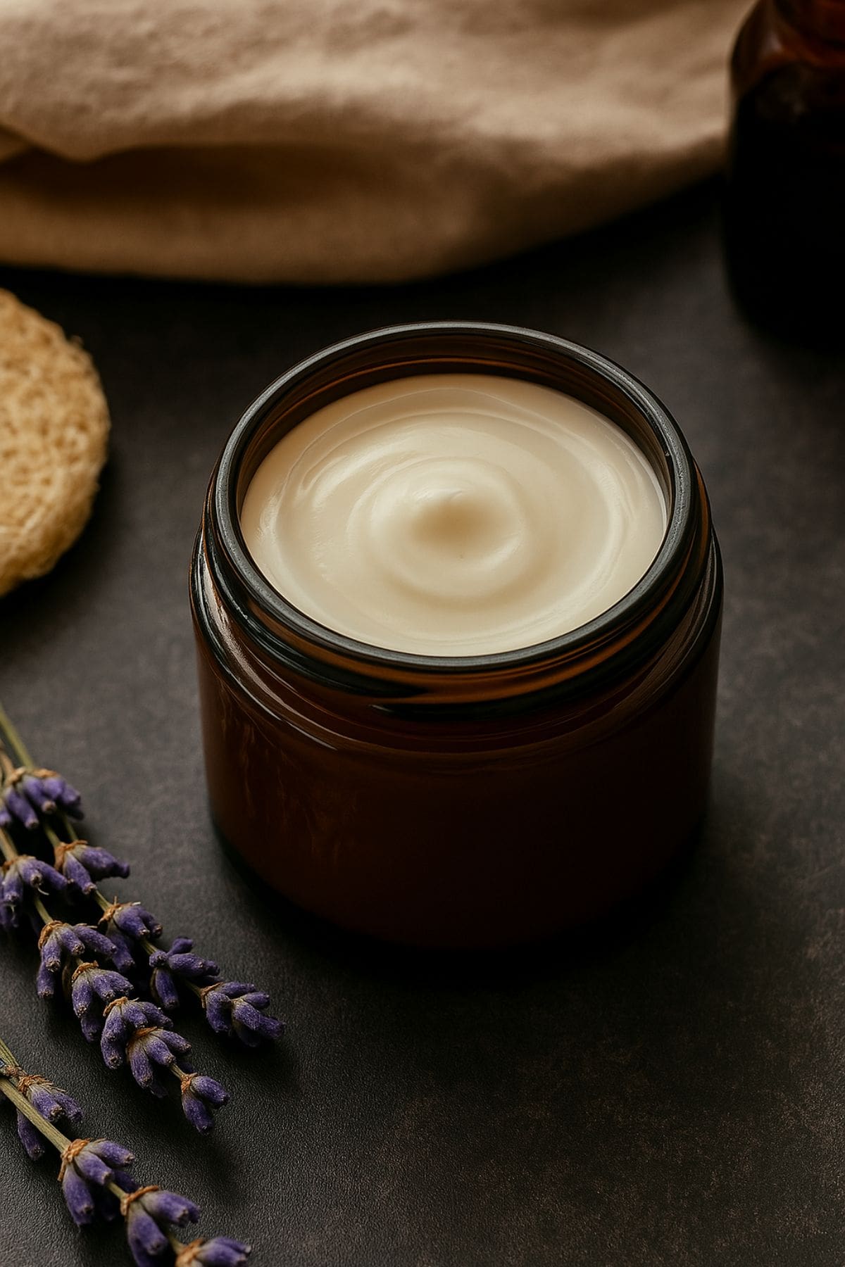 A cylindrical amber glass jar filled with creamy homemade goat milk lotion, surrounded by dried herbs and a wooden spoon, styled on a dark, moody surface