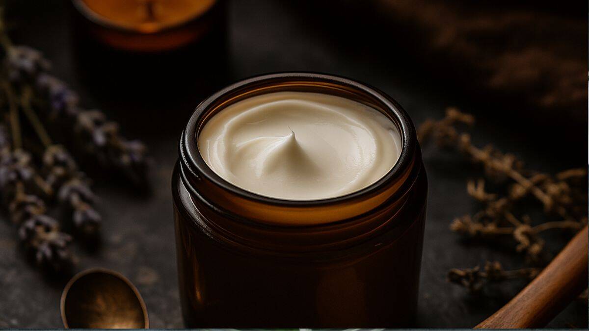 A jar of homemade goat milk lotion in an amber glass container, surrounded by lavender, dried herbs, and a wooden spoon with lotion on a dark rustic surface.