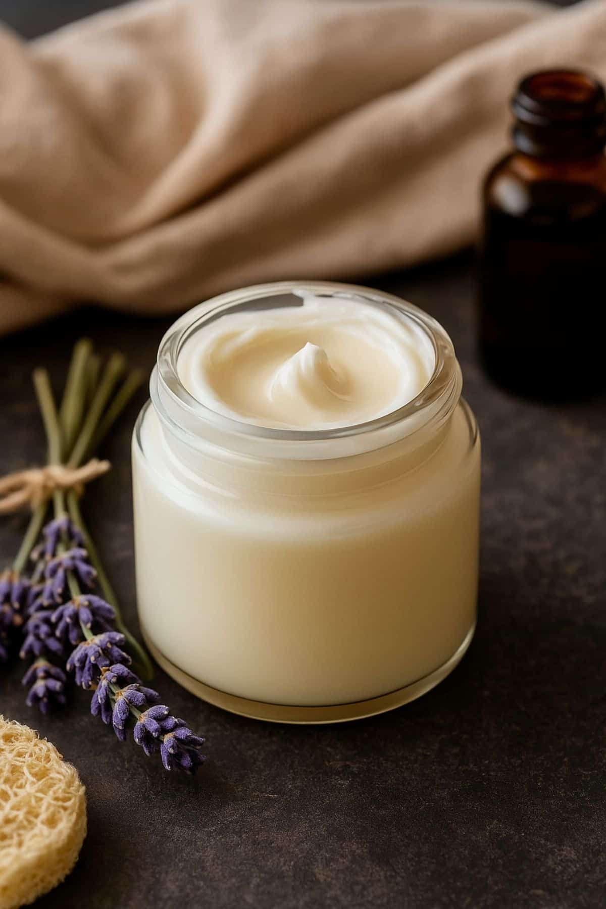 A clear glass jar filled with creamy homemade goat milk lotion, styled with lavender, a natural loofah, and an amber bottle on a dark countertop with a soft beige cloth in the background.