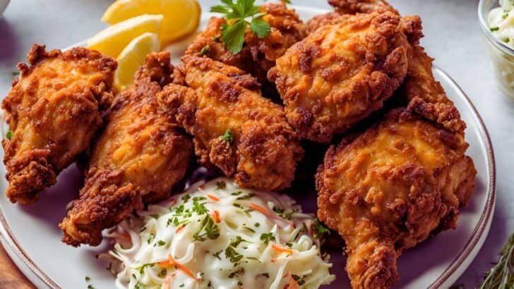 A beautifully arranged plate of crispy fried chicken, garnished with fresh herbs and a side of coleslaw