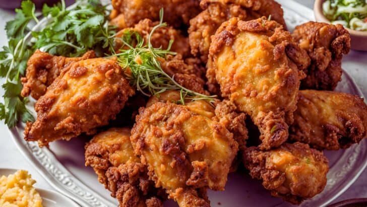 A beautifully arranged plate of crispy fried chicken, garnished with fresh herbs