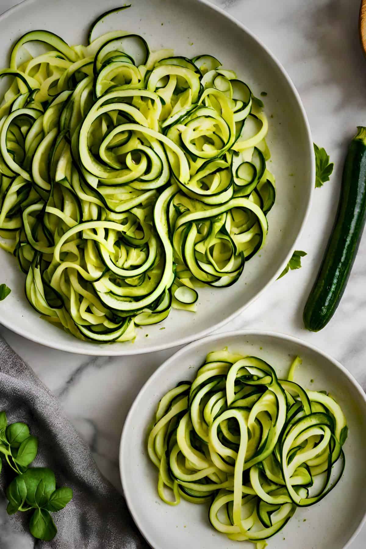 Two white bowls filled with fresh, raw zucchini noodles (zoodles) on a marble countertop, surrounded by a whole zucchini and fresh basil leaves.