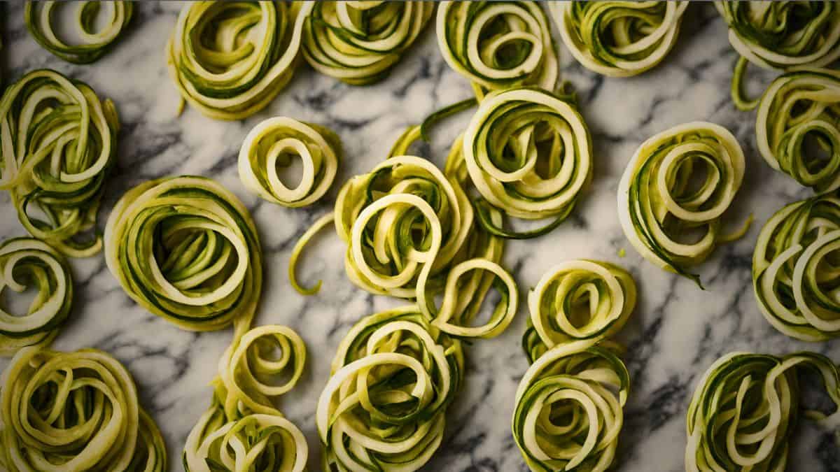 Spiralized raw zucchini noodles (zoodles) arranged in nests on a marble surface—fresh, crisp, and ready to cook or preserve.