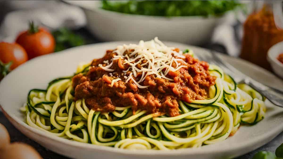 A plate of zucchini noodles (zoodles) topped with hearty meat sauce and shredded cheese, served as a low-carb alternative to traditional pasta.