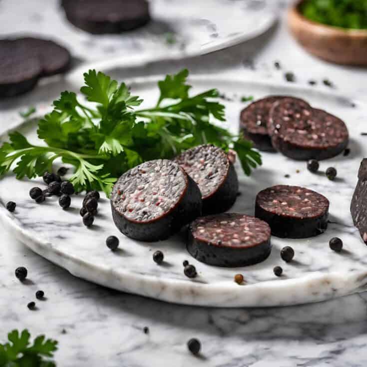 Marble tray with sliced blood sausage surrounded by fresh parsley and peppercorns