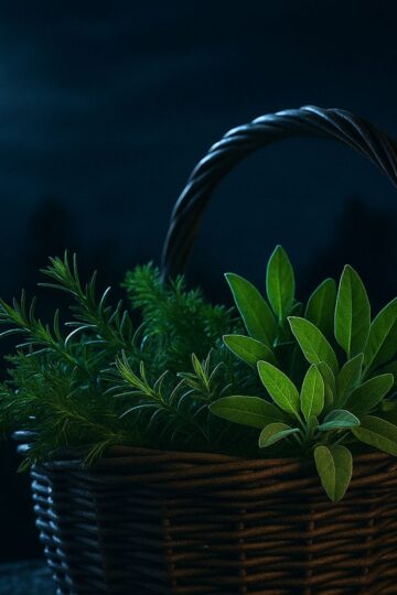 Wicker basket filled with fresh herbs glowing softly under moonlight in a dark, natural landscape.