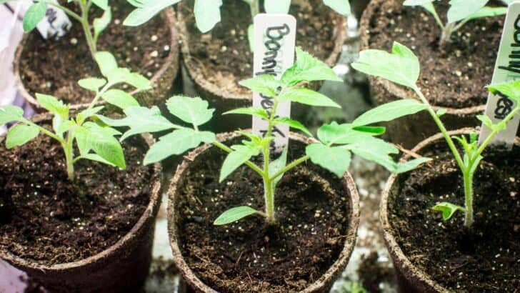 Tomato seedlings growing in pots