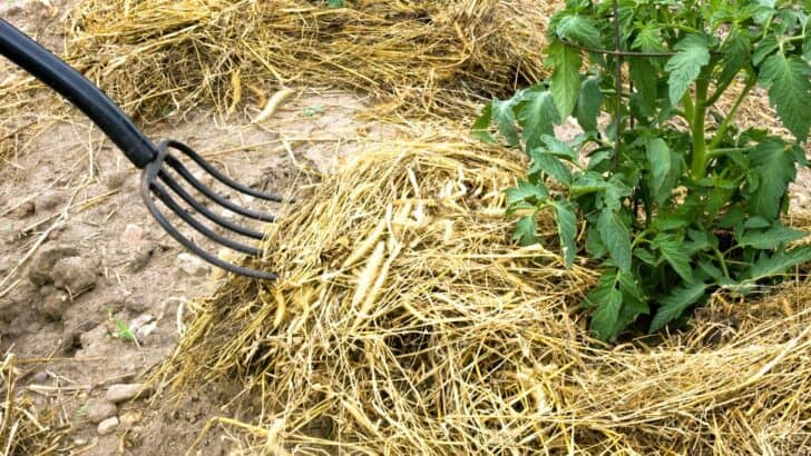 Mulching a tomato plant in a garden