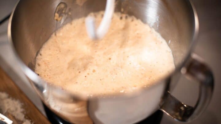 Yeast proofing in bowl of stand mixer