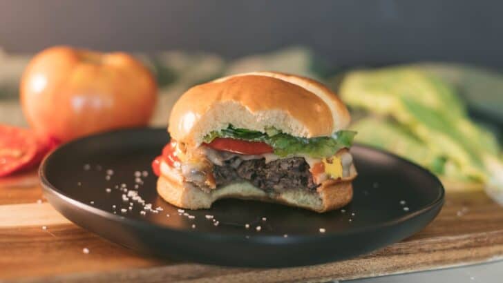 Venison burger on a brioche bun topped with condiments, lettuce, tomato, and onion.