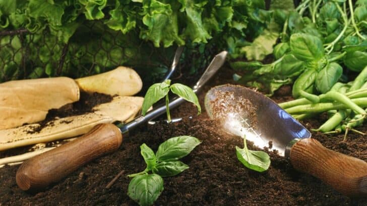 Seedling being transplanted into garden with garden trowel and pair of gloves