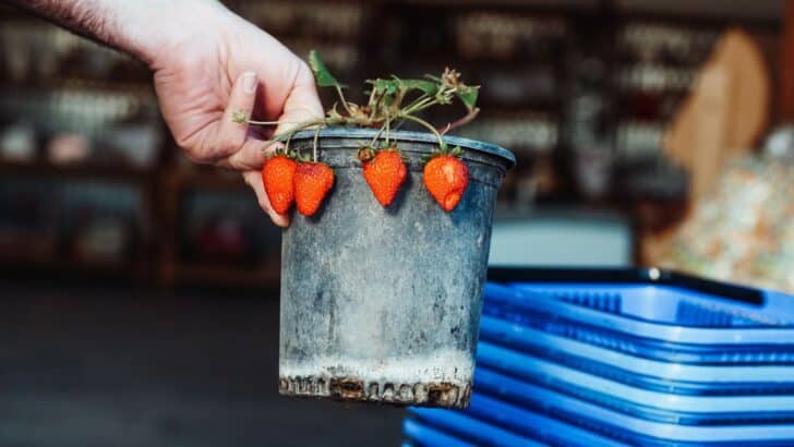 Potted strawberries like the plant pictured here can be winterized in a couple of different ways.