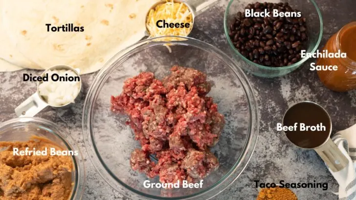Ingredients for wet burritos laid out on a counter and labeled. 
