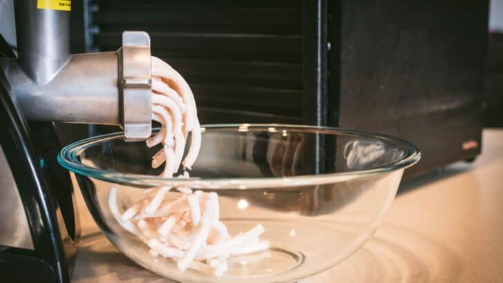 Beef fat being ground in a grinder