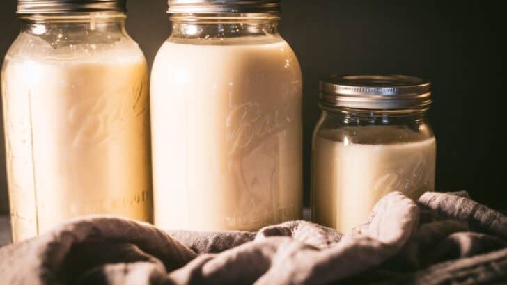 Three jars of solid beef tallow and a jar of freshly rendered tallow