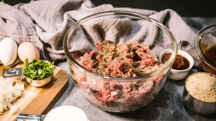 Ingredients for venison meatloaf are laid out on the counter.