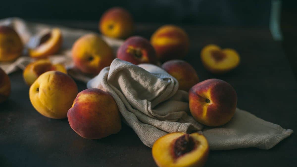 Fresh ripe yellow peaches on a linen towel, ready to prepare for home canning.