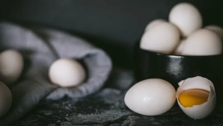 Duck eggs on a table.