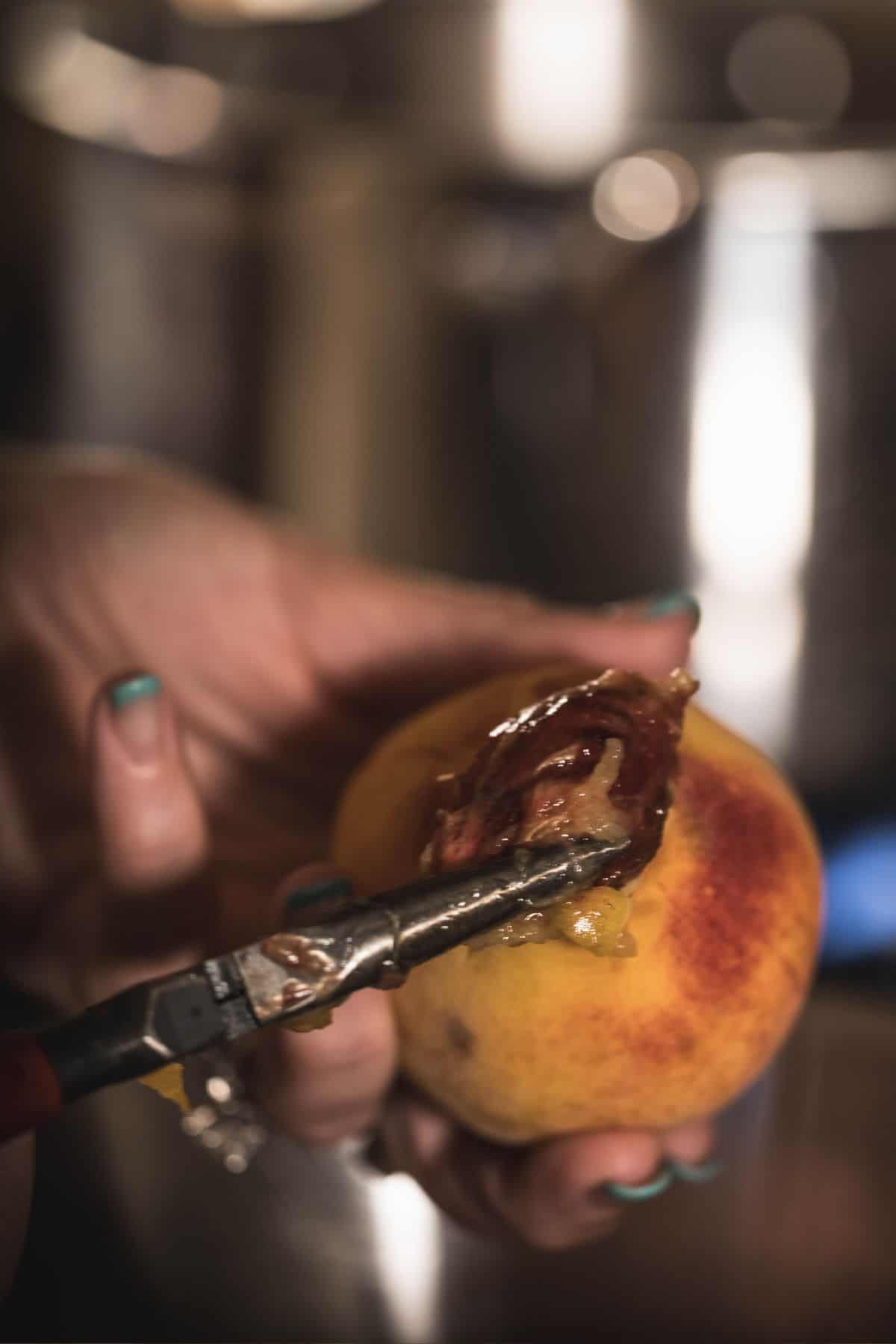 Using needle-nose pliers to remove the pit from a peach before peeling it for home canning.
