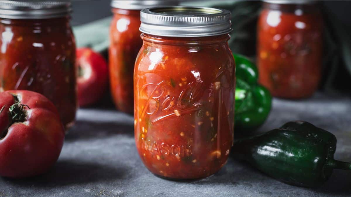 Homemade canned salsa in Ball mason jars with green bell peppers and tomatoes on a dark countertop