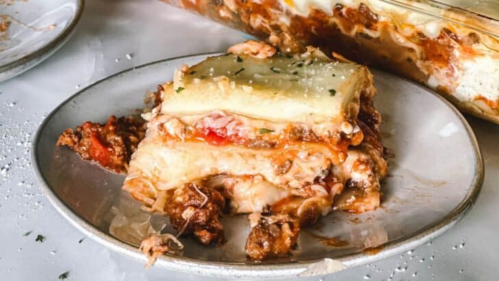 Slice of homemade lasagna on a plate