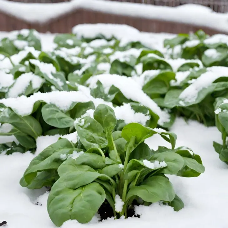 Spinach growing in a garden covered with snow