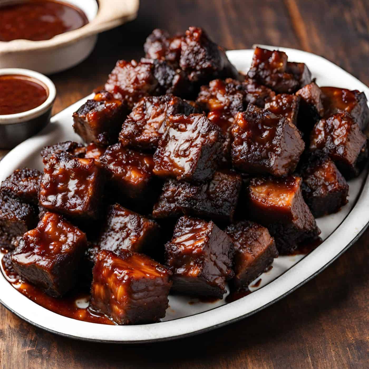 BBQ brisket burnt ends on a white plate.