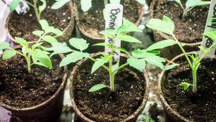 Tomato seedlings sprouting up out of pots.