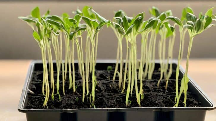 Seedling tray full of tall, leggy seedlings