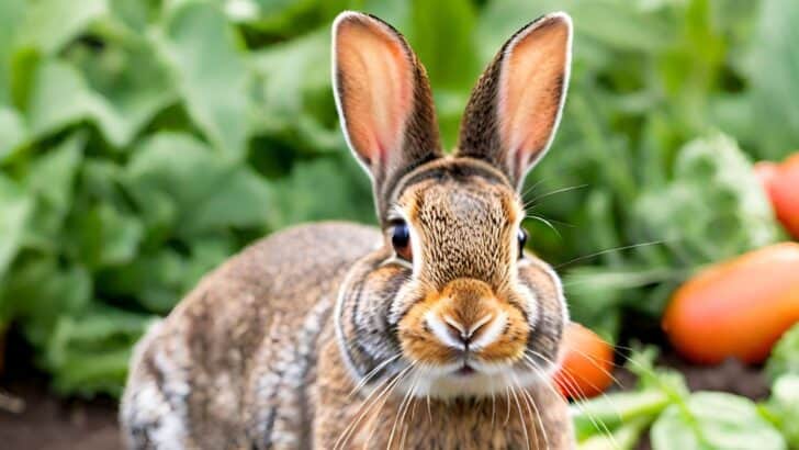 American cottontail rabbit in a vegetable garden