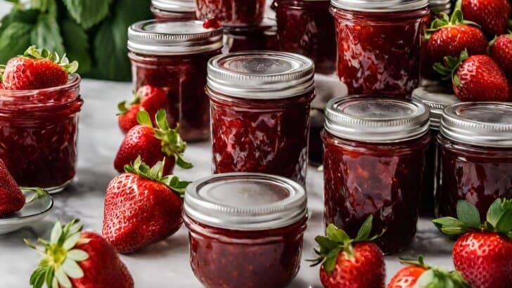 Jars of low sugar strawberry jam on a counter surrounded by fresh strawberries