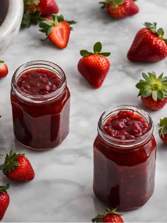 Jars of fresh strawberry jam on a marble counter surrounded by fresh strawberries