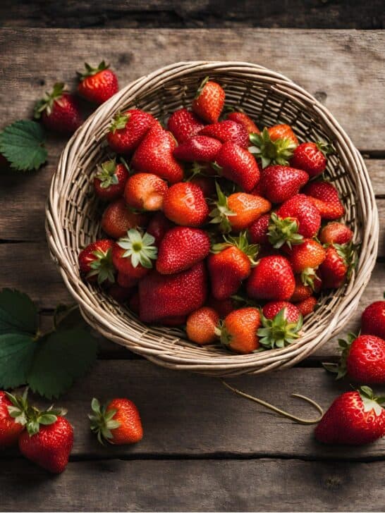 Fresh strawberries for making jam sitting in a basket on a rustic counter