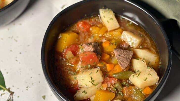Bowl of vegetable beef soup on a marble counter