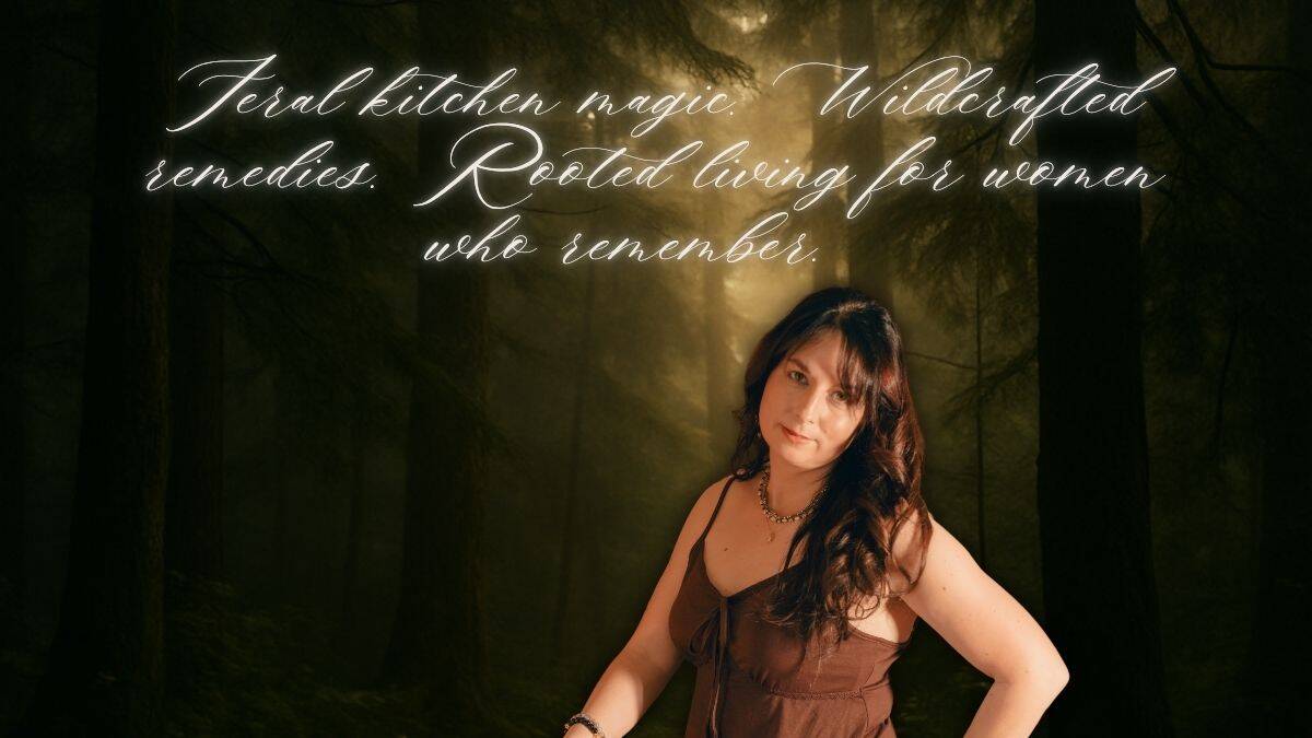 Homepage banner image for The Rustic Elk featuring Rowan Fox in a forest setting with tagline about feral kitchen magic, wild remedies, and rooted living.