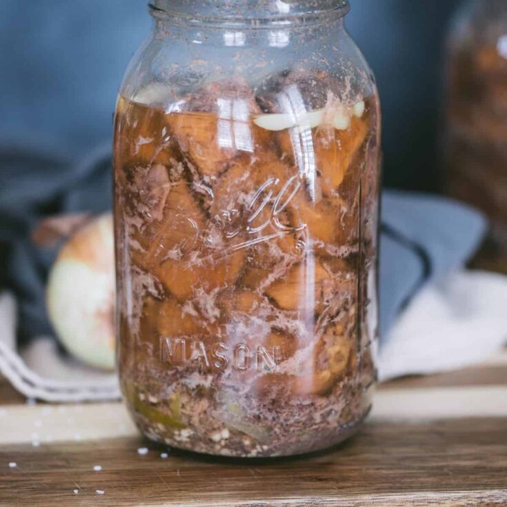 Pressure-canned Mississippi pot roast in a quart jar with beef, onions, and pepperoncini peppers