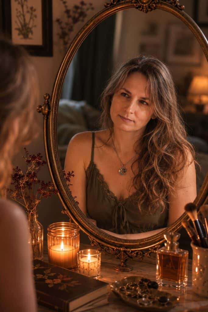 Elle McCoy, author of The Rustic Elk, with long wavy hair reflected in an ornate vintage mirror, sitting at a candlelit vanity with makeup brushes, perfume, and dried flowers.