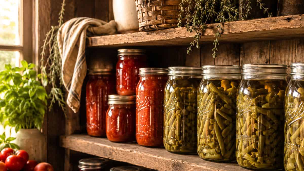 Wooden pantry shelves filled with homemade canned tomatoes, green beans, jams, and preserves in mason jars.