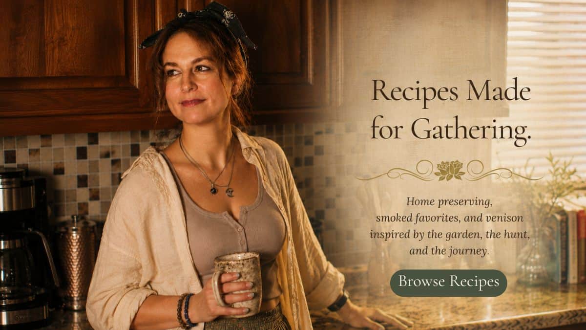 Elle standing in a warm kitchen holding a ceramic mug, wearing an earth-toned outfit, representing seasonal recipes, home preserving, and gathering around the table.