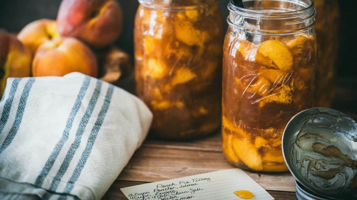 Jars of homemade peach pie filling on a wooden board, ready to use for pies, cobblers, crisps, cheesecakes, and other peach desserts.