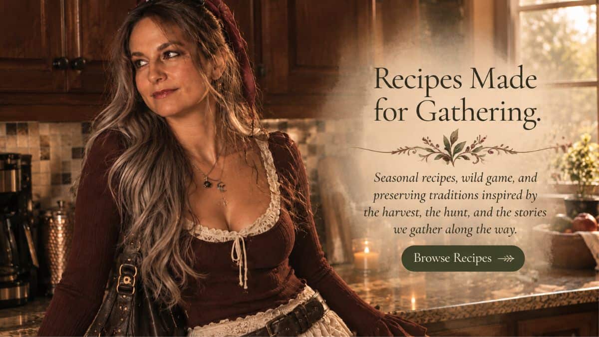 Elle in a warmly lit rustic kitchen, wearing a burgundy lace-trimmed top with long silver-blonde waves, beside a Recipes Made for Gathering introduction.